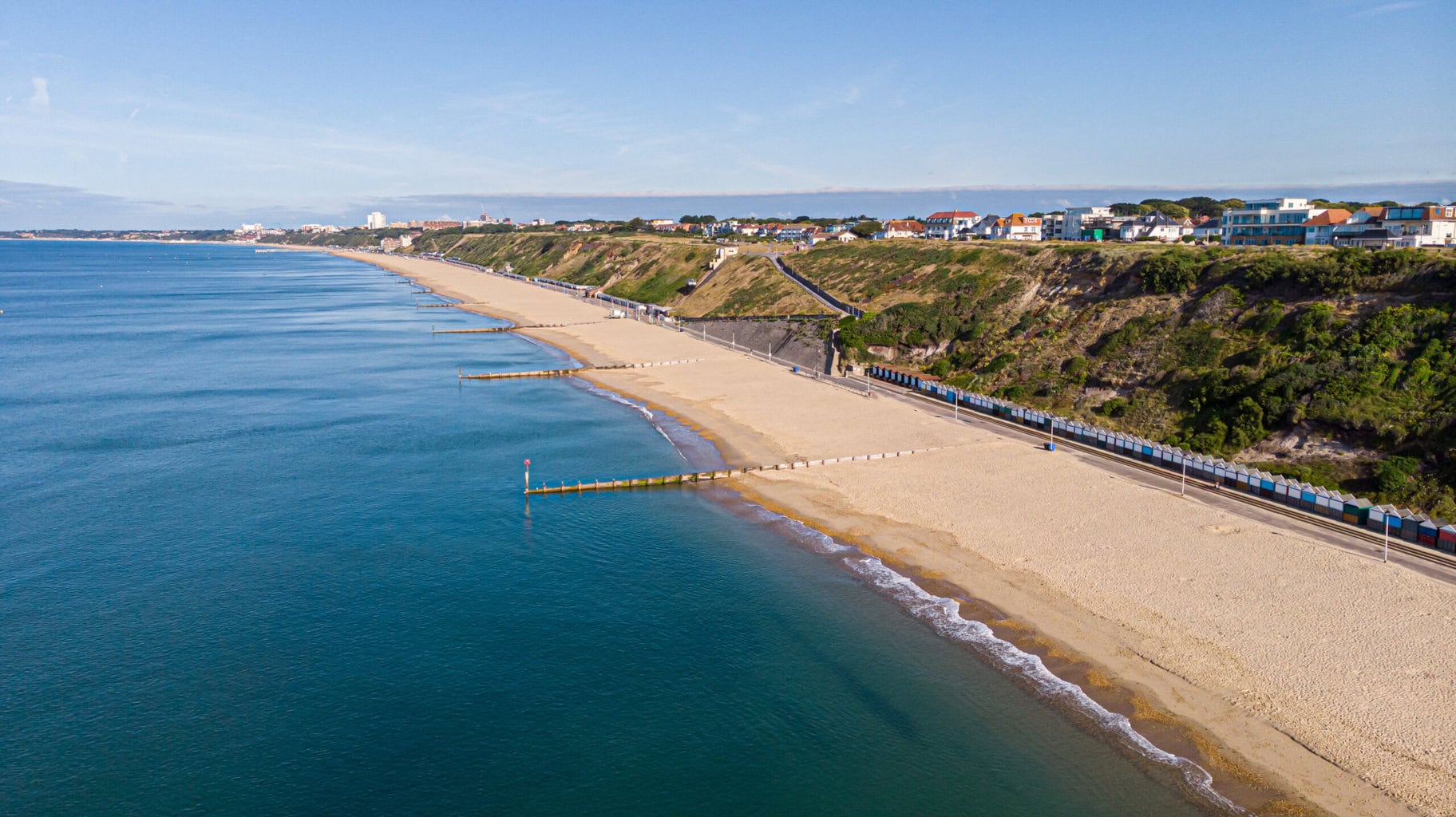 Golden sandy beach and blue sea near Bournemouth