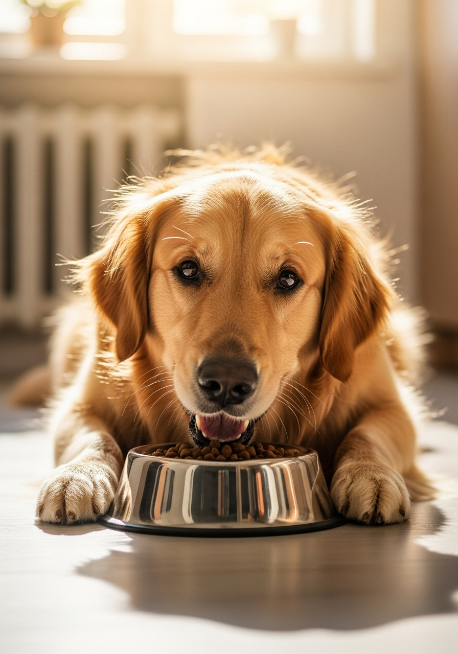 Golden retriever eating from a food bowl at home